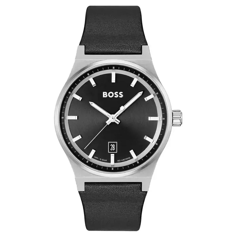 Front view of BOSS Candor 1514075 black leather chronograph watch