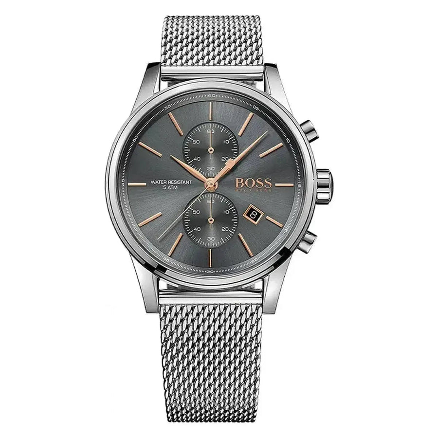Front view of BOSS Jet 1513440 grey chronograph with silver mesh bracelet