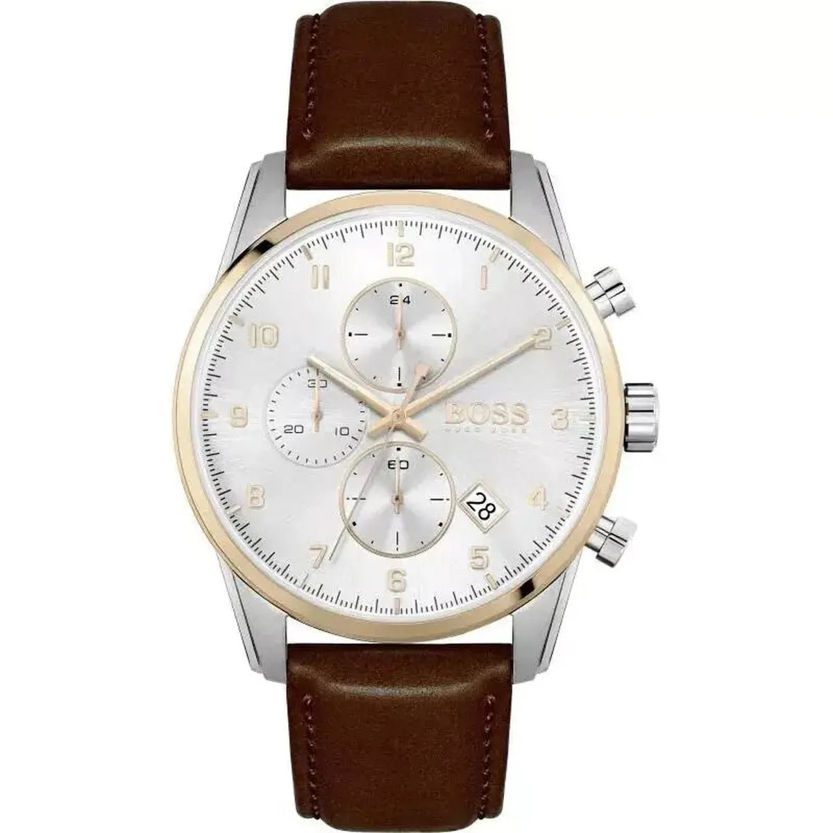 Skymaster Chronograph Watch – Silver Case Dial Brown Leather Strap