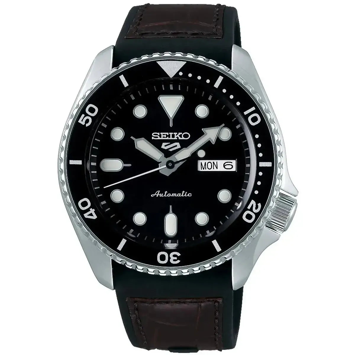 Seiko SRPD55K2 5 Sports Genuine Brown Leather & Black Silicone Strap Automatic Black Dial Men’s Watch Seiko