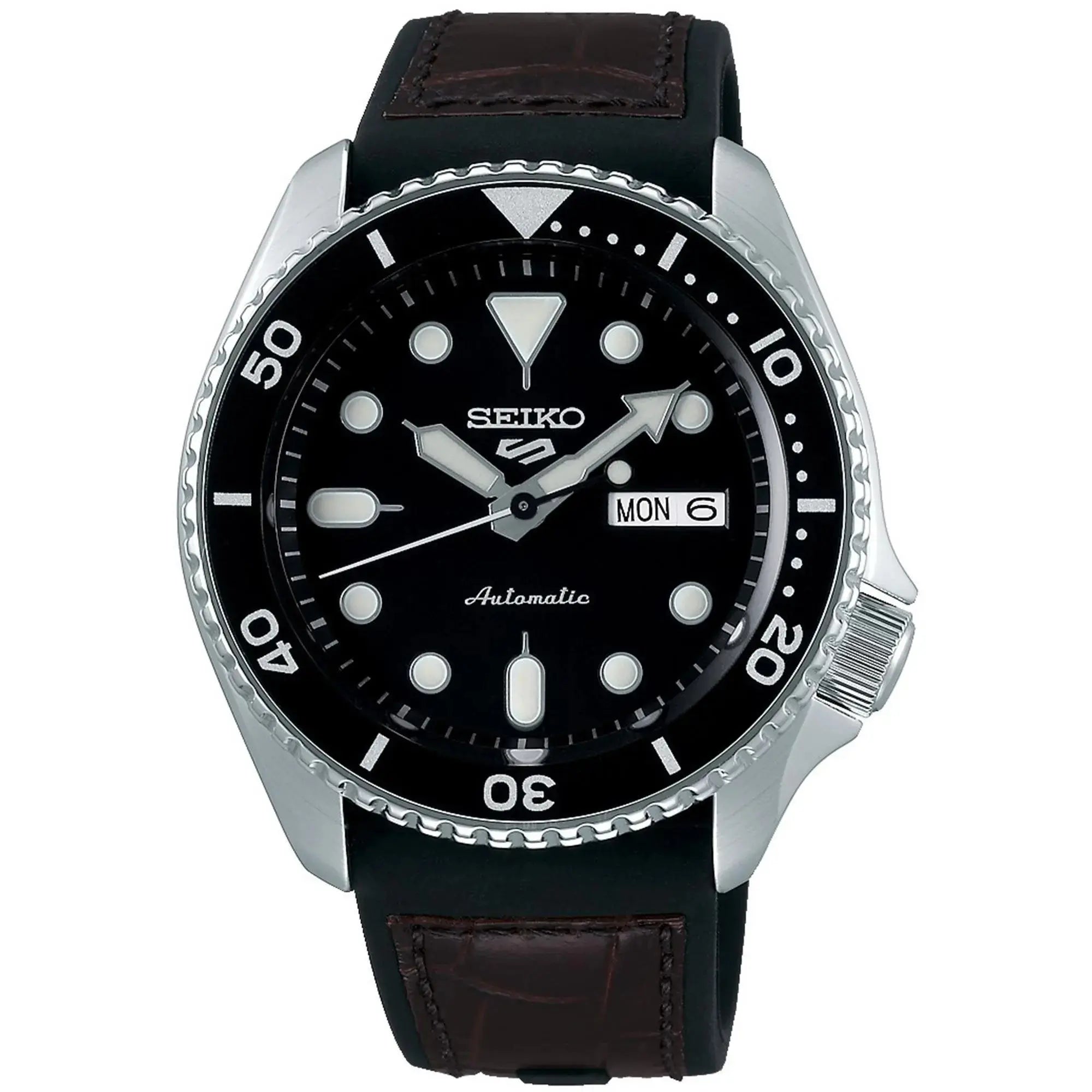 Seiko SRPD55K2 5 Sports Genuine Brown Leather & Black Silicone Strap Automatic Black Dial Men’s Watch Seiko
