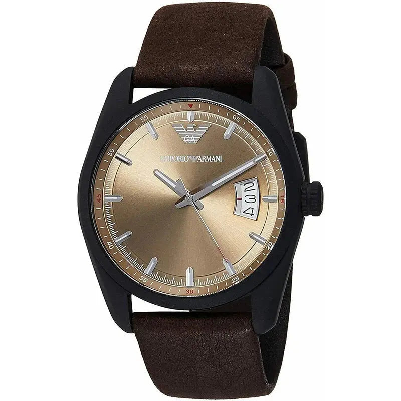 Emporio Armani AR6078 Sportivo Chronograph Beige Dial Brown Leather Strap Watch For Men Emporio Armani