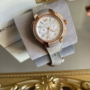 Michael Kors MK6949 Sidney Chronograph White Dial Beige Leather Strap Watch For Women Michael Kros