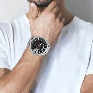 Diesel DZ4308 Mega Chief Chronograph Black Dial Silver Steel Strap Watch For Men Diesel