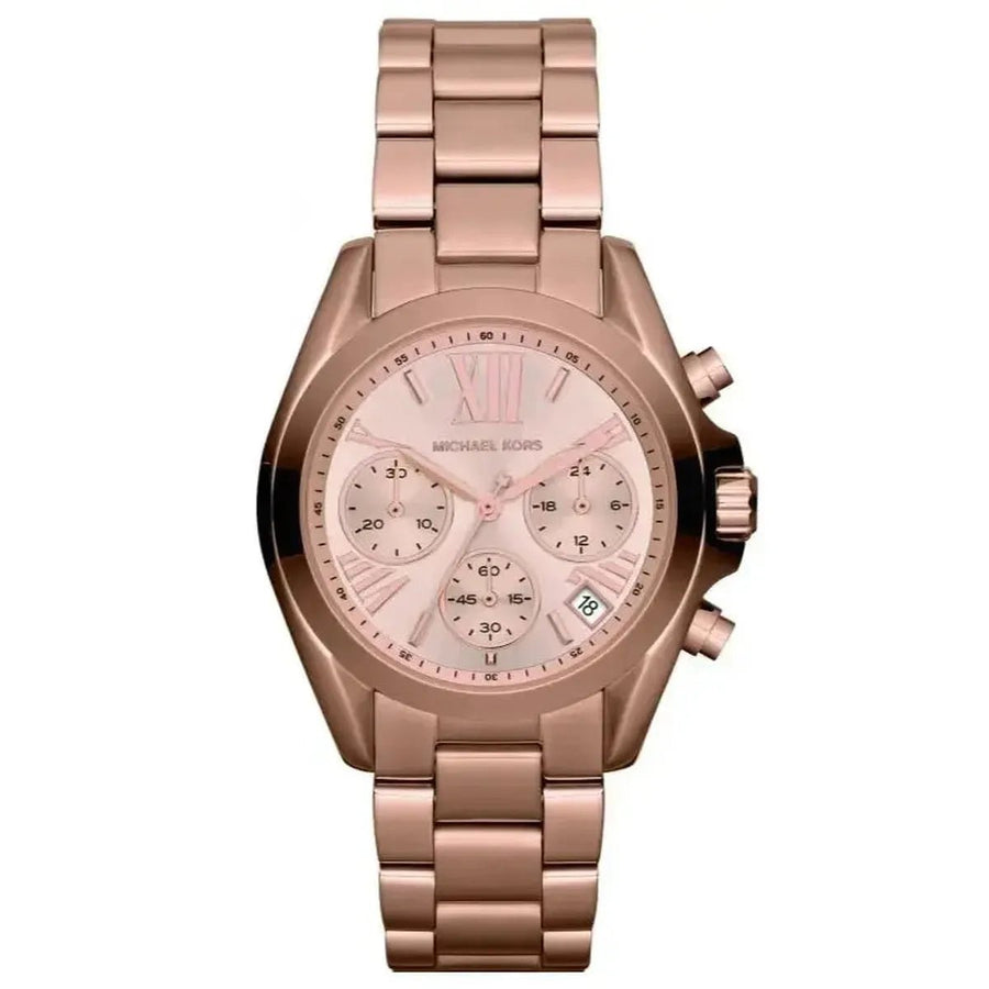 Front view of Michael Kors MK5799 rose-gold women’s chronograph watch