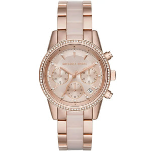 Rose gold watch with detailed face on a white background