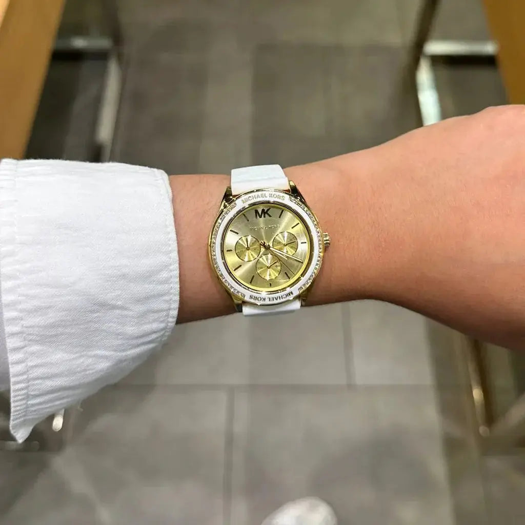 Michael Kors MK7267 Jessa Quartz Gold Dial White Silicone Strap Watch For Women Michael Kros