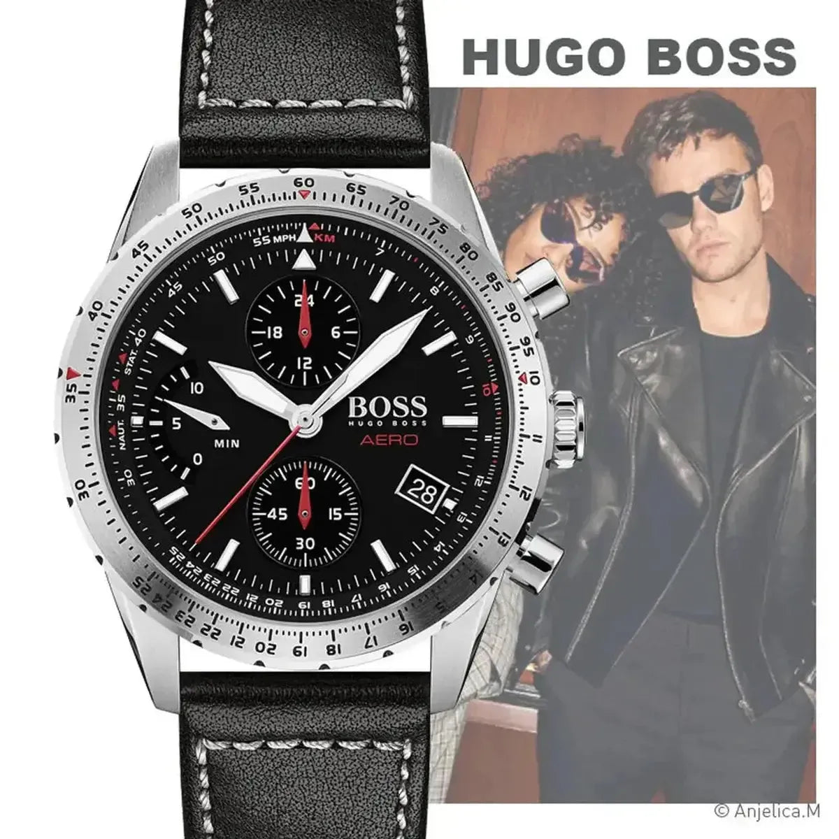 Hugo Boss 1513770 Aero Chronograph Black Dial Black Leather Strap Watch for Men Hugo Boss