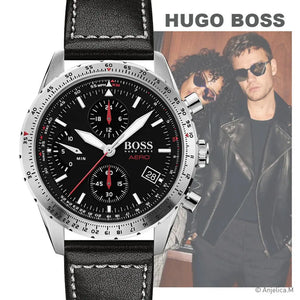 Hugo Boss 1513770 Aero Chronograph Black Dial Black Leather Strap Watch for Men Hugo Boss