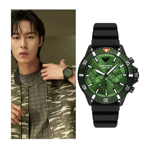 Emporio Armani AR11463 Diver Chronograph Quartz Green Dial Black Silicon Strap Watch For Men Emporio Armani