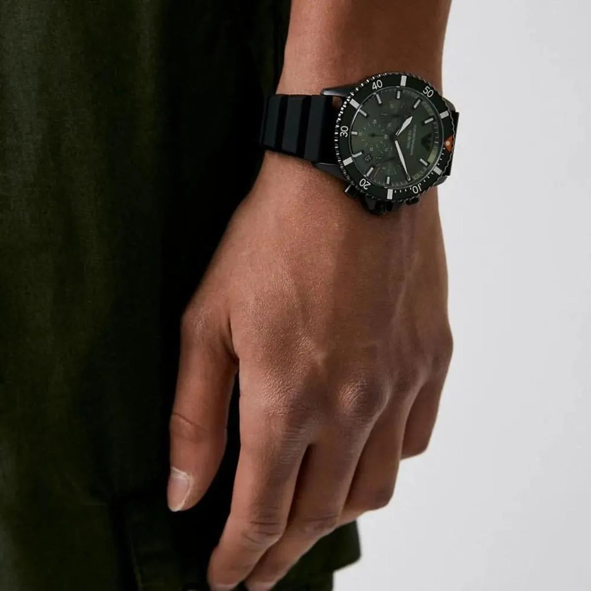 Emporio Armani AR11463 Diver Chronograph Quartz Green Dial Black Silicon Strap Watch For Men Emporio Armani