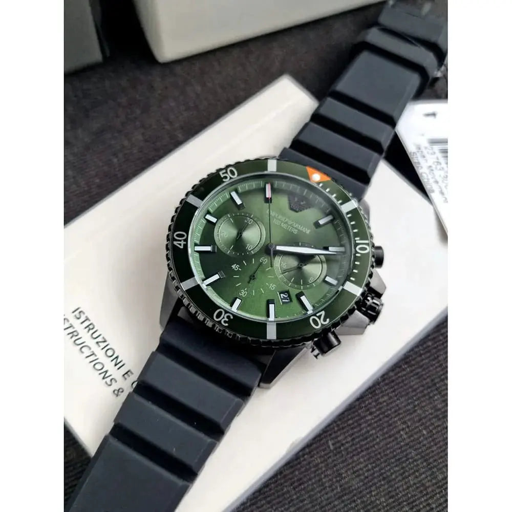 Emporio Armani AR11463 Diver Chronograph Quartz Green Dial Black Silicon Strap Watch For Men Emporio Armani
