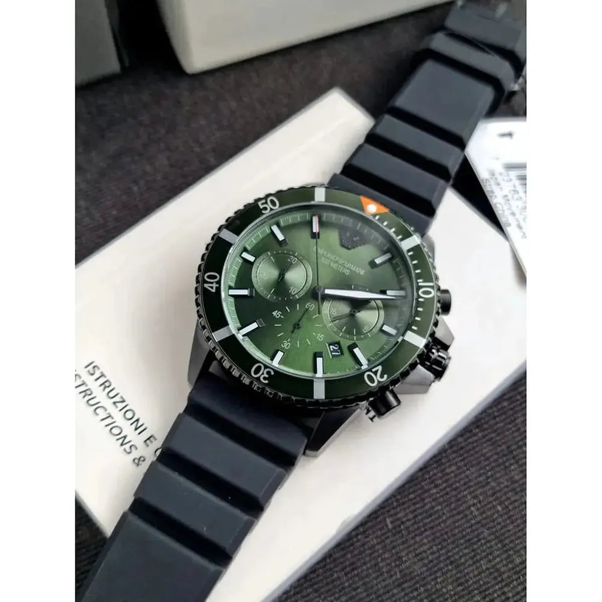 Emporio Armani AR11463 Diver Chronograph Quartz Green Dial Black Silicon Strap Watch For Men Emporio Armani