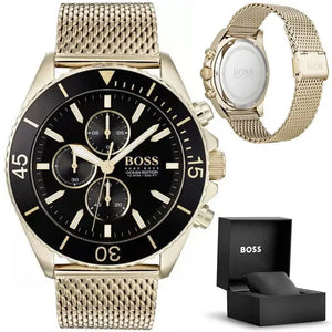 Hugo Boss 1513703 Ocean Edition Black Dial Gold Mesh Bracelet Watch for Men Hugo Boss