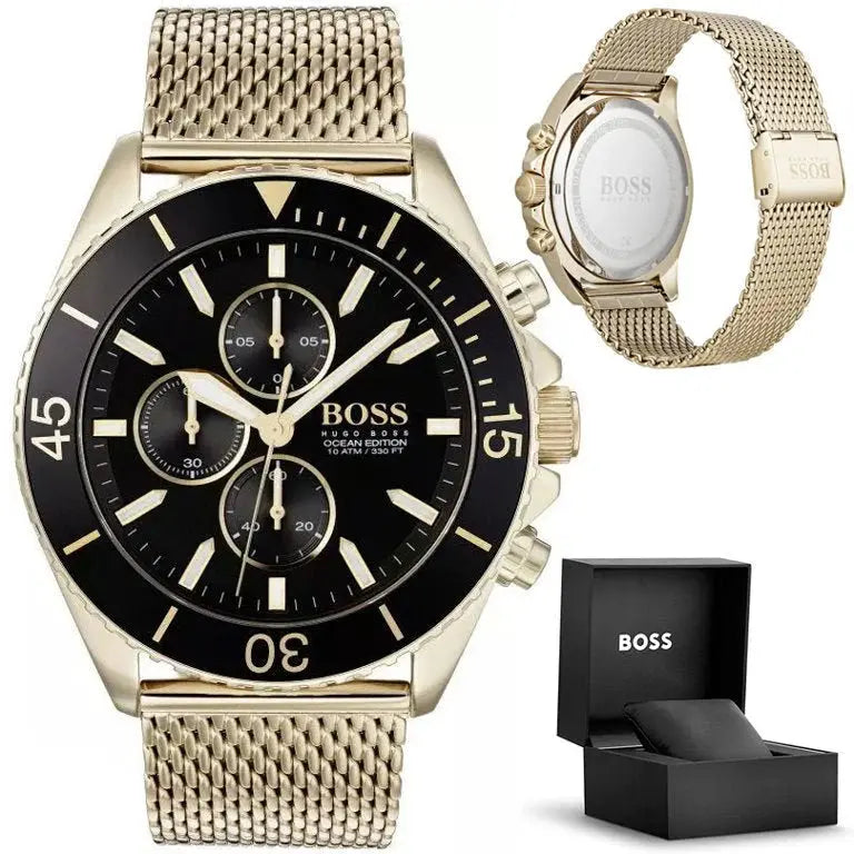 Hugo Boss 1513703 Ocean Edition Black Dial Gold Mesh Bracelet Watch for Men Hugo Boss