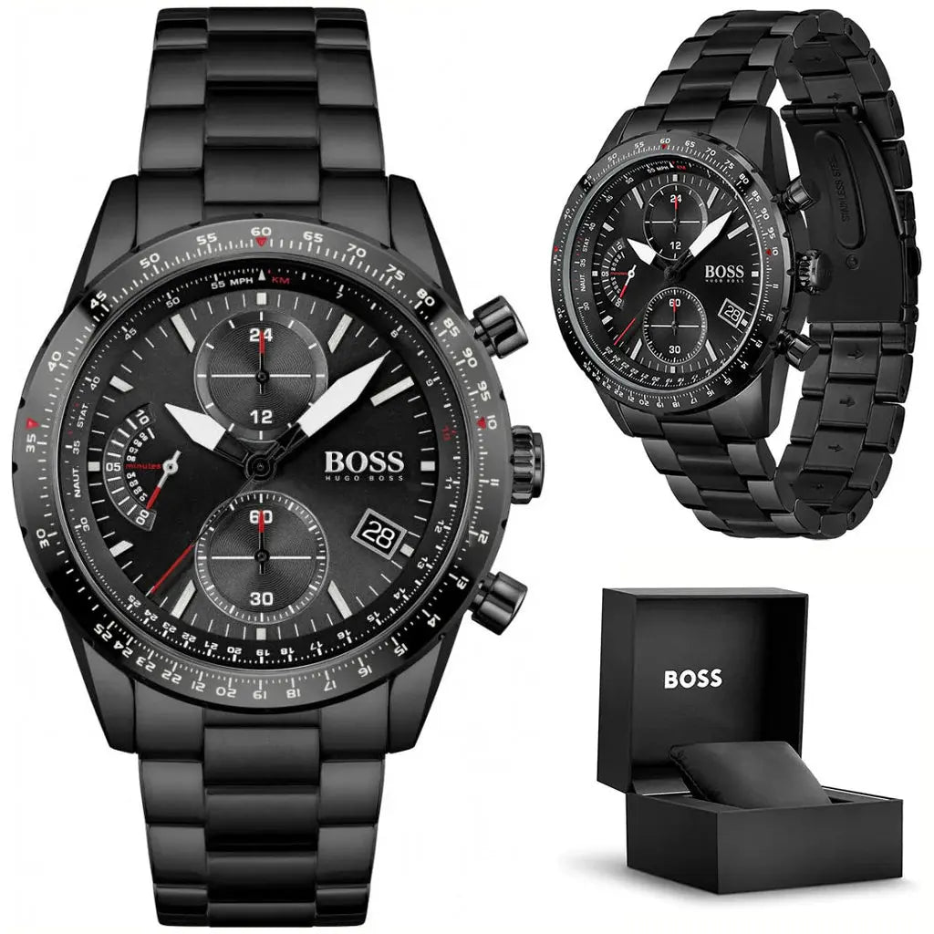 Hugo Boss 1513854 Pilot Edition Chronograph Black Dial Black Steel Strap Watch for Men Hugo Boss
