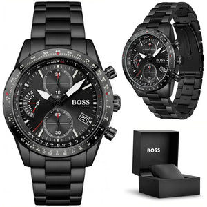 Hugo Boss 1513854 Pilot Edition Chronograph Black Dial Black Steel Strap Watch for Men Hugo Boss