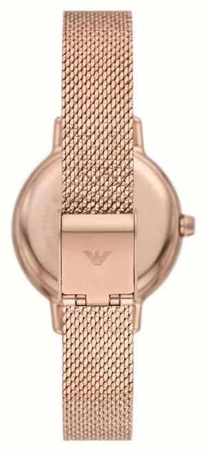 Rose gold watch with mesh band on a white background