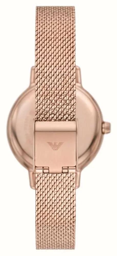 Rose gold watch with mesh band on a white background