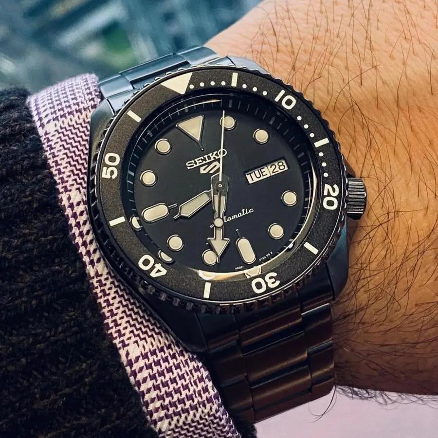 Seiko SRPD65K1 5 Sports Automatic Black Dial Black Steel Strap Watch For Men Seiko