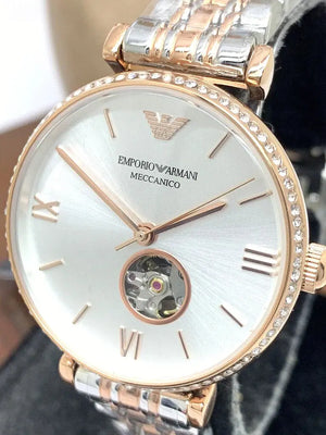 Emporio Armani AR60019 Gianni T-Bar Analog White Dial Two Tone Steel Strap Watch For Women Emporio Armani