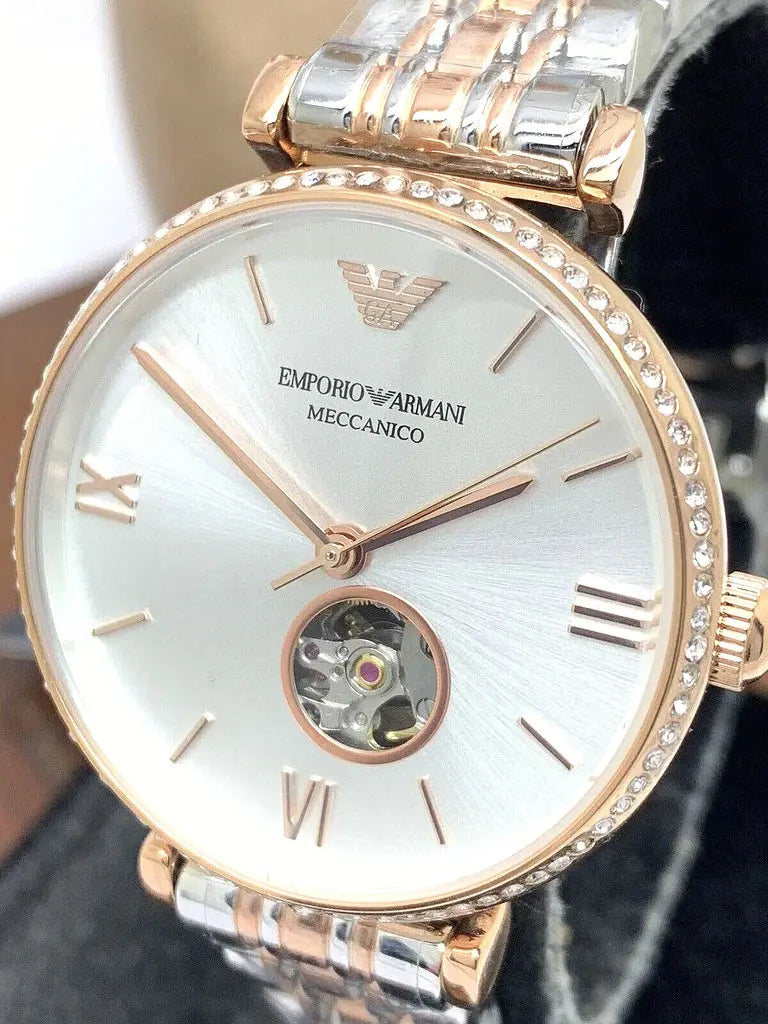 Emporio Armani AR60019 Gianni T-Bar Analog White Dial Two Tone Steel Strap Watch For Women Emporio Armani