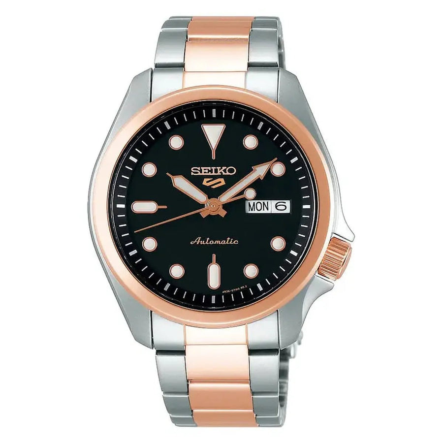 Front view of Seiko 5 Sports SRPE58K1 two-tone automatic watch