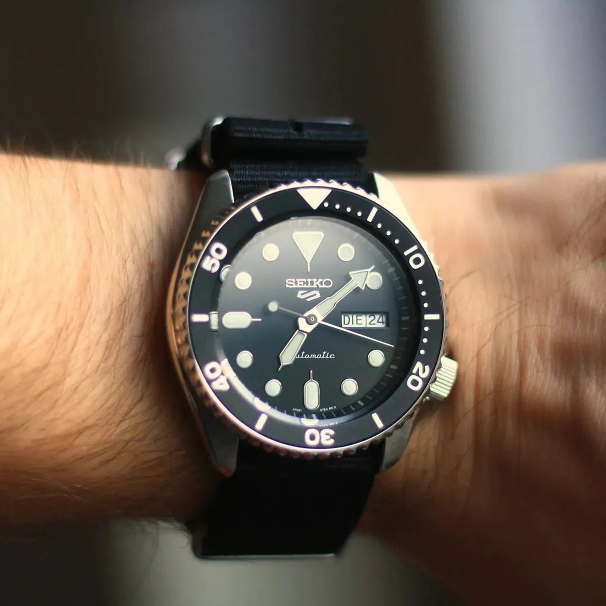 Seiko 5 Sports Black Dial Nylon Strap Automatic Men's Watch SRPD55K3 - Watch Enclave