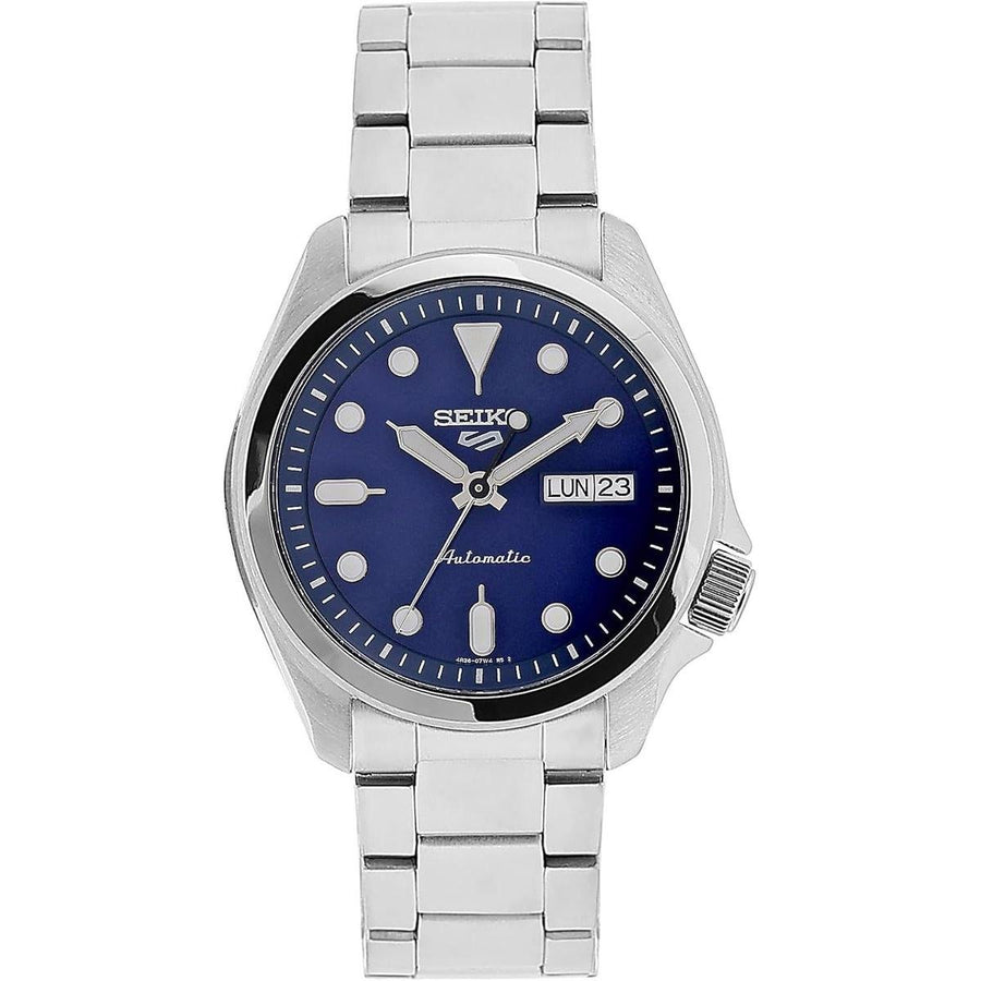 Front view of Seiko 5 Sports SRPE53K1 blue automatic watch on nylon