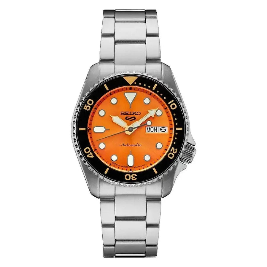 Front view of Seiko 5 Sports SRPK35K1 38mm orange automatic watch