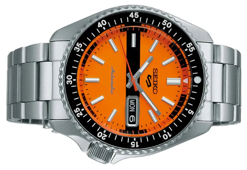 Seiko SRPK11K1 5 Sports Double Hurricane Retro Orange Dial Silver Steel Strap Watch For Men Seiko