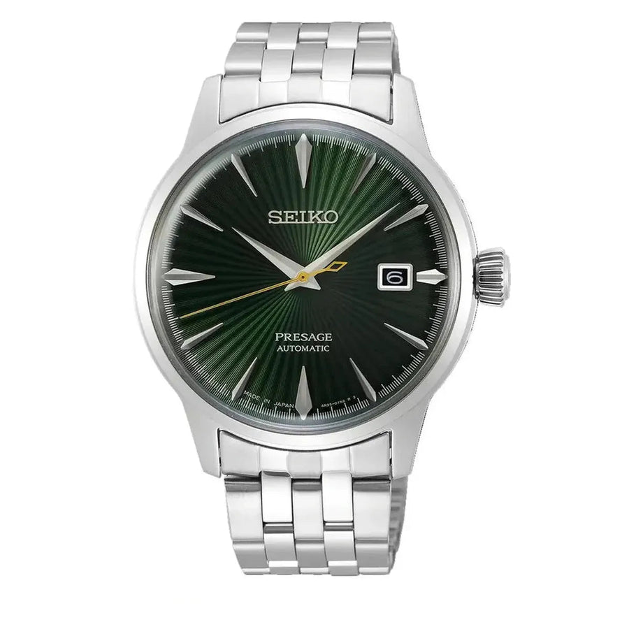 Front view of Seiko Presage Cocktail Time SRPE15J1 with green dial and box-shaped Hardlex