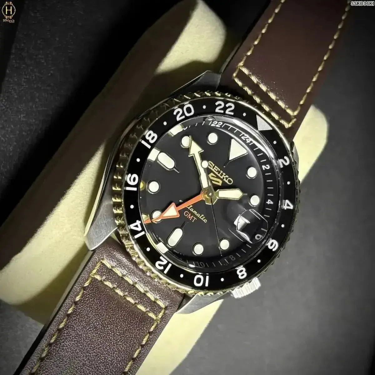Seiko SSK036K1 5 Sports SKX GMT Automatic Mocha Black Dial Brown Leather Strap Watch For Men Seiko
