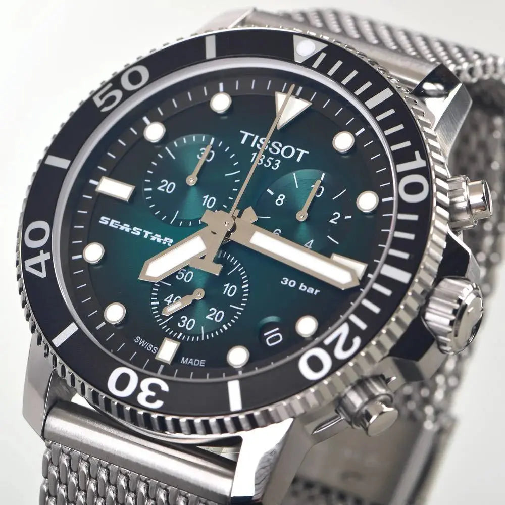 Tissot T120.417.11.091.00 Seastar 1000 Chronograph Green Dial Silver Mesh Bracelet Watch For Men Tissot