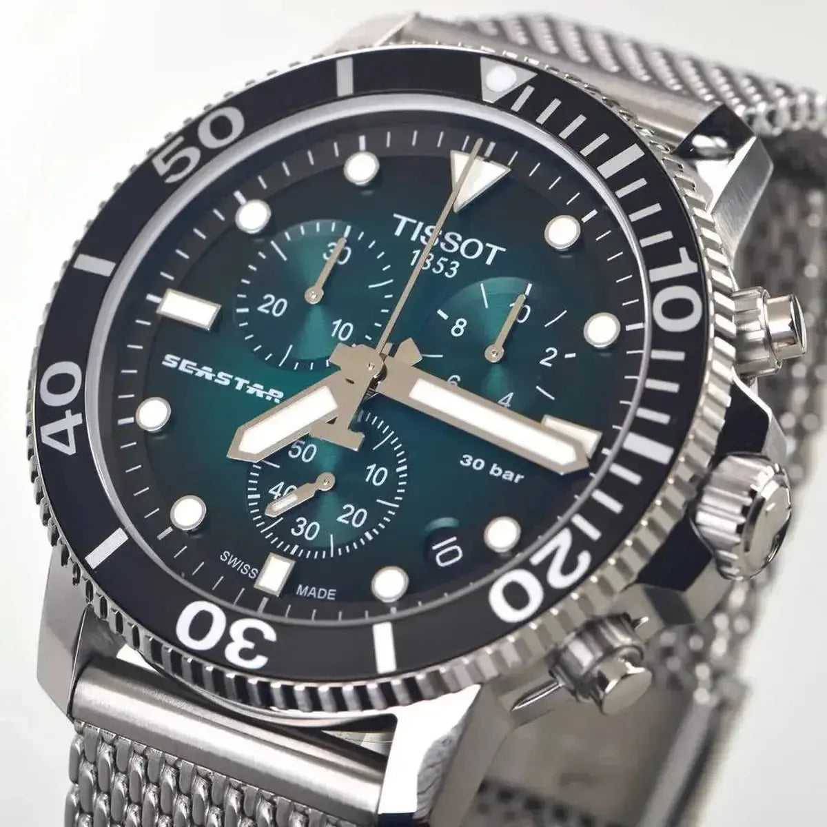 Tissot T120.417.11.091.00 Seastar 1000 Chronograph Green Dial Silver Mesh Bracelet Watch For Men Tissot