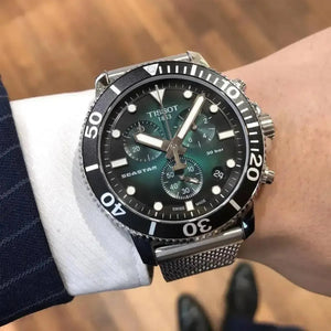 Tissot T120.417.11.091.00 Seastar 1000 Chronograph Green Dial Silver Mesh Bracelet Watch For Men Tissot