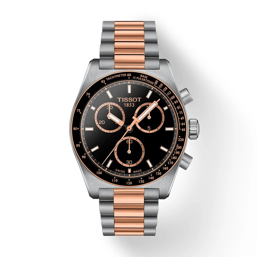 Front view of the Tissot PR516 two-tone chronograph with anti-reflective sapphire