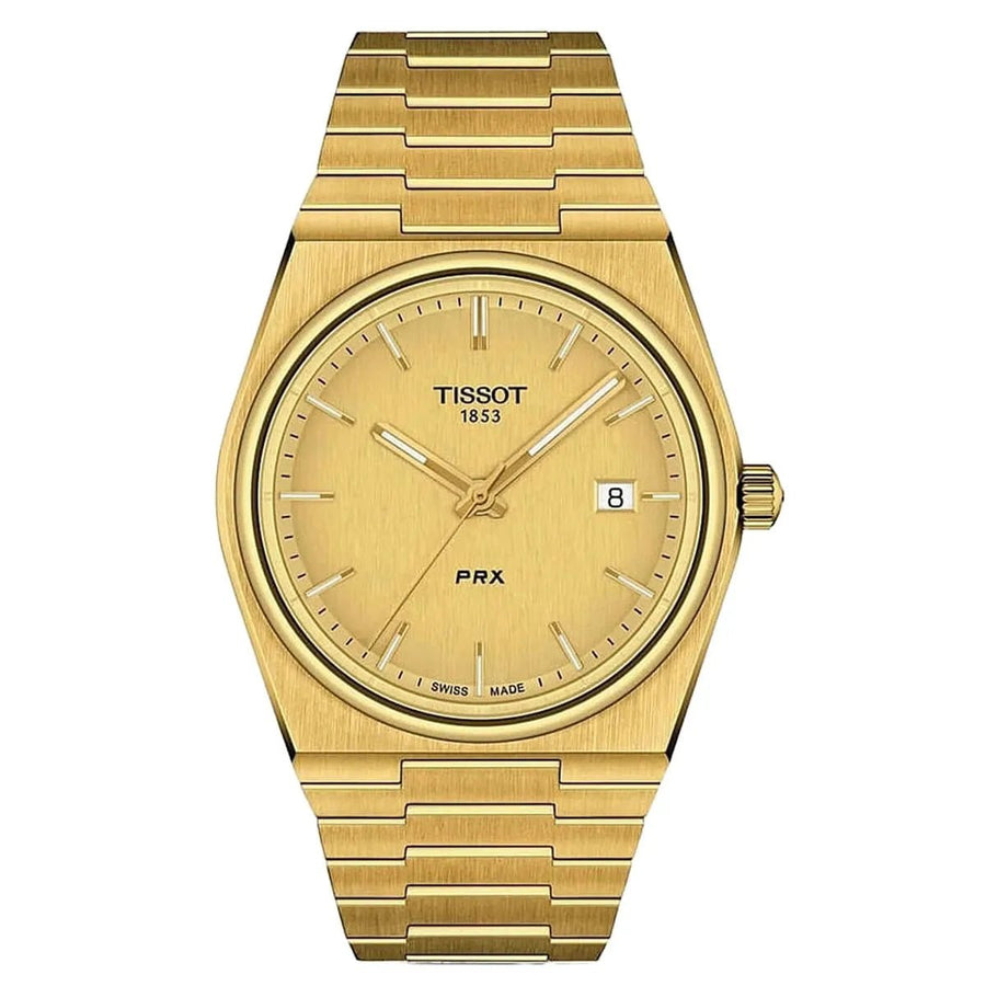 Front view of the Tissot PRX 35mm gold-tone watch with sapphire crystal