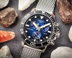 Tissot T120.417.11.041.02 Seastar 1000 Chronograph Blue Dial Silver Mesh Bracelet Watch For Men Tissot