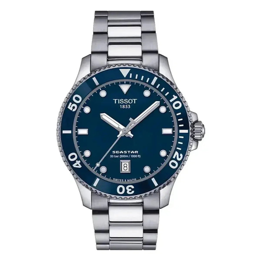 Front view of Tissot Seastar 1000 40mm blue dial quartz watch