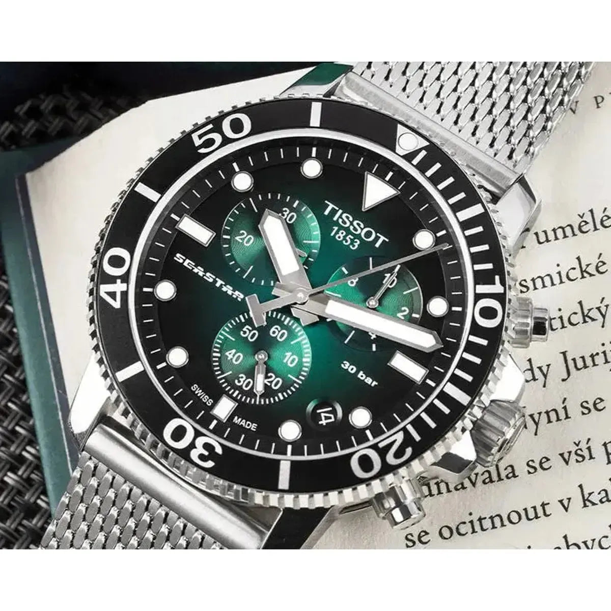 Tissot T120.417.11.091.00 Seastar 1000 Chronograph Green Dial Silver Mesh Bracelet Watch For Men Tissot