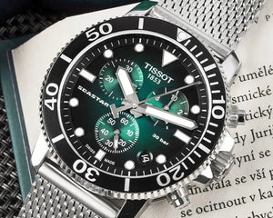 Tissot T120.417.11.091.00 Seastar 1000 Chronograph Green Dial Silver Mesh Bracelet Watch For Men Tissot