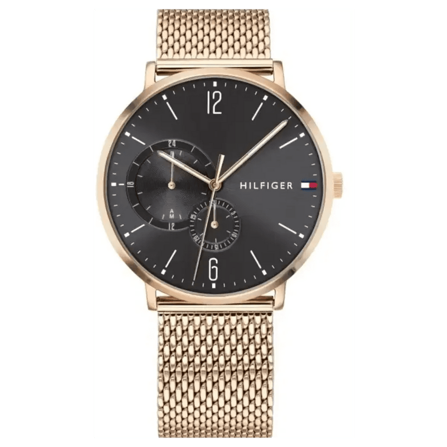 Front view of Tommy Hilfiger Brooklyn 1791506 slim rose-gold mesh watch