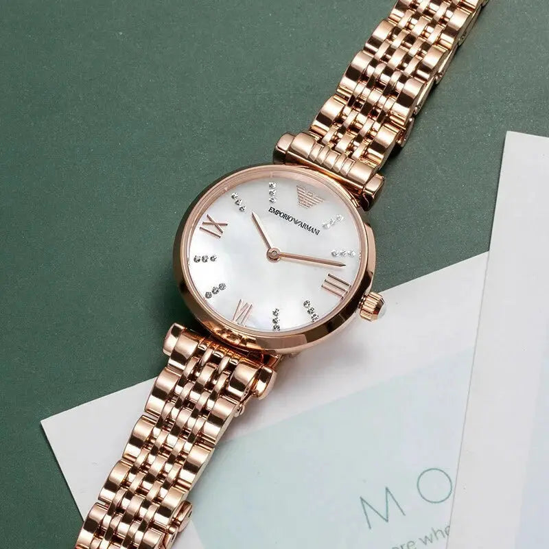 Emporio Armani AR11316 Gianni T-Bar Mother of Pearl Dial Rose Gold Steel Strap Watch For Women Emporio Armani