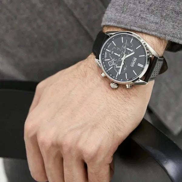 Hugo Boss 1513816 Champion Black Dial Black Leather Strap Watch for Men Hugo Boss